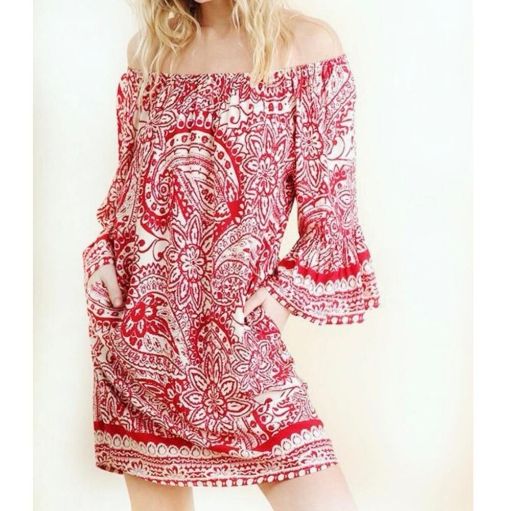 Umgee Boho Handkerchief Paisley Print Bell Sleeve Dress Small